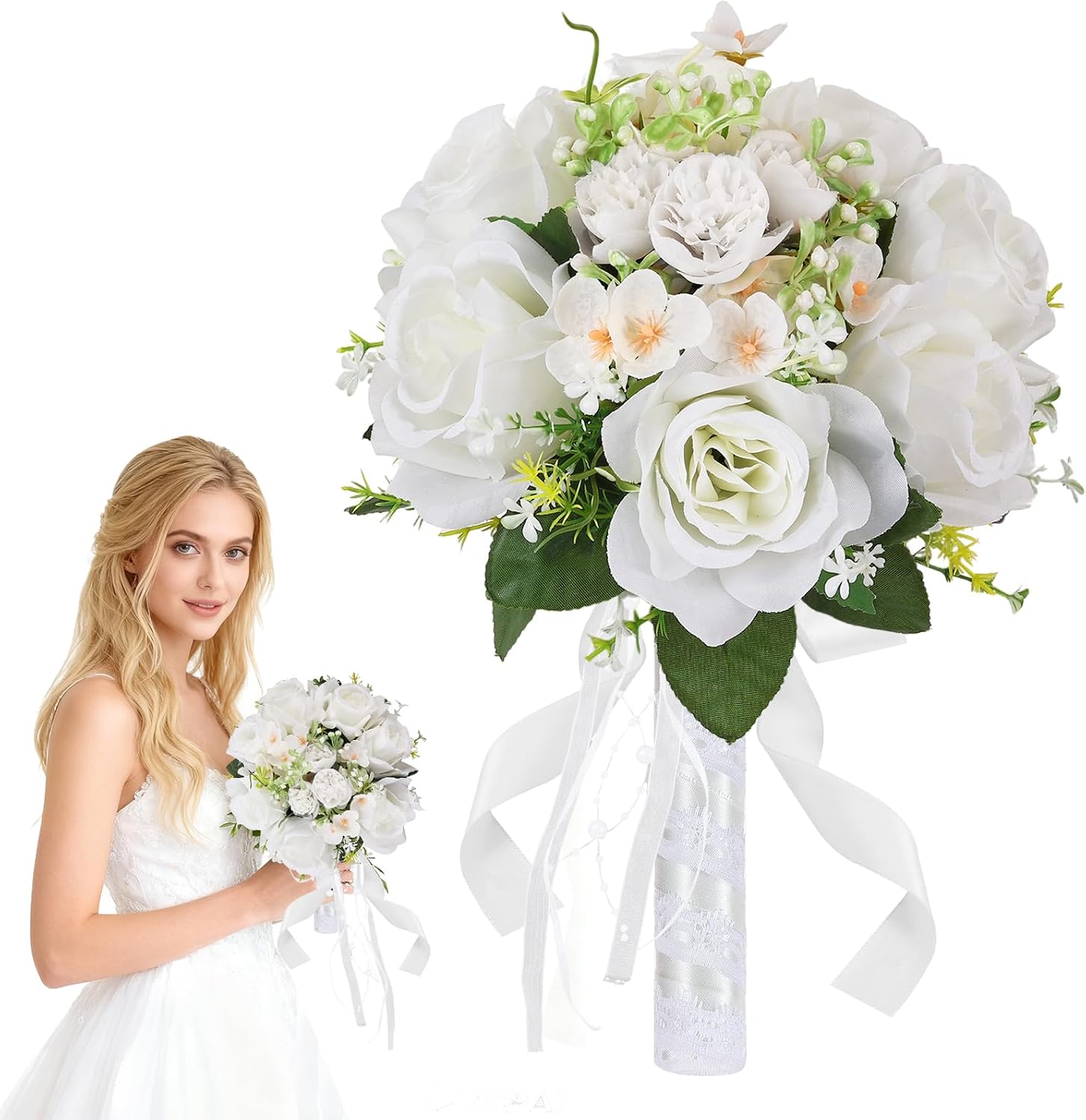 VelloHome Wedding Bouquets for Bride – 8 Inch Artificial Silk Roses, 0.14 kg, White, 10 Count