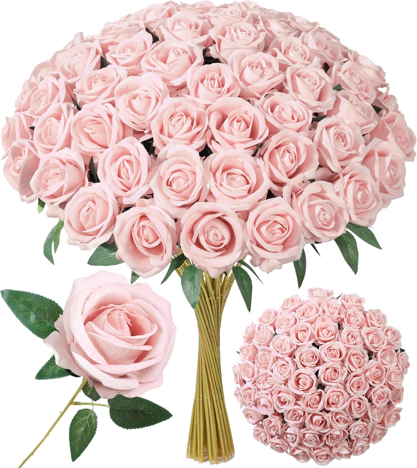 Ashenby 50 PCS Pink Roses Artificial Flowers with Long Stems, 1.9 pounds, Blush