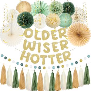 Aldernest Birthday Party Decorations, Green Gold Older Wiser Hotter Banner