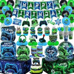 VelloHome Video Game Happy Birthday Banner Level Up Plates Napkins Cups, Blue and Green, 26