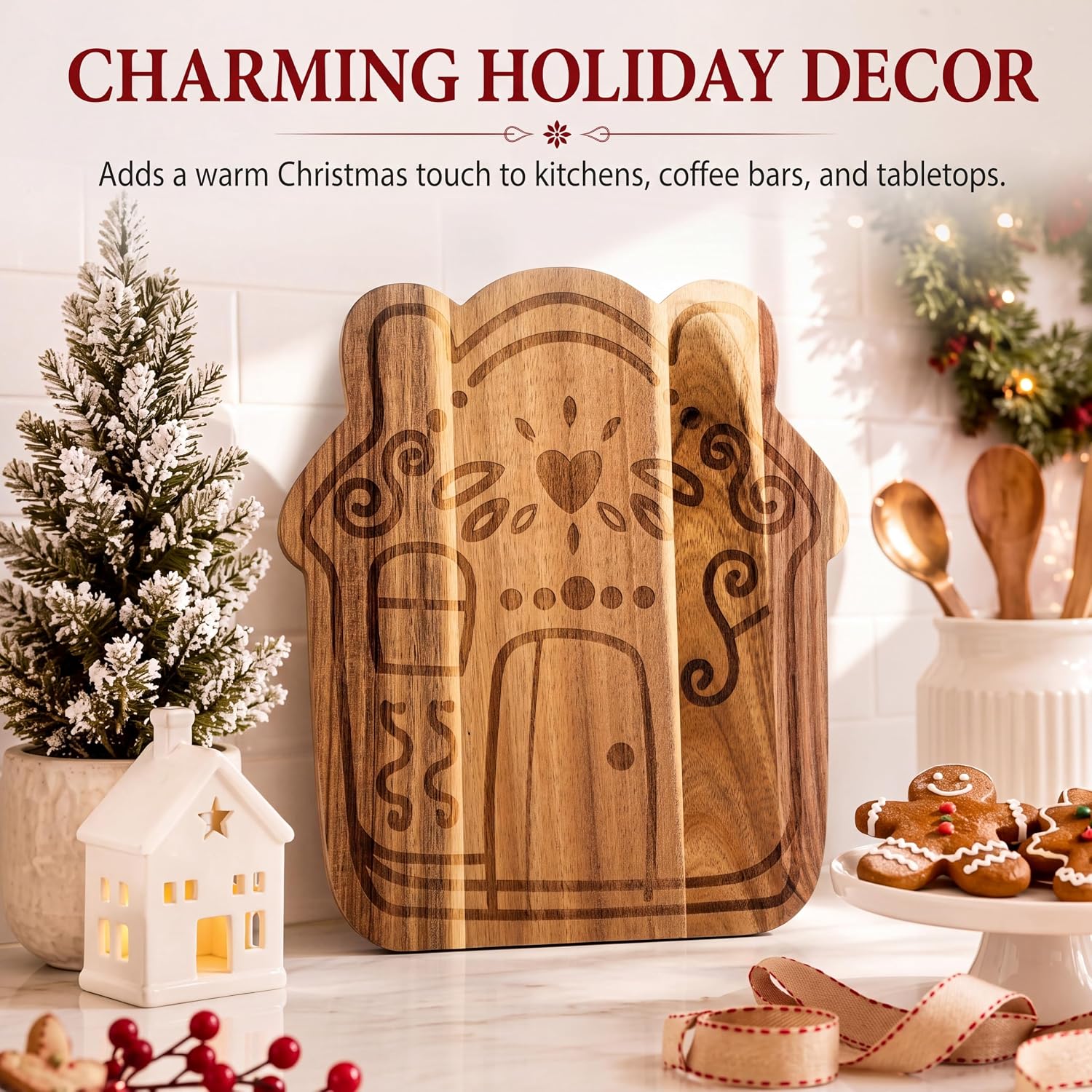 Aldernest Christmas Gingerbread House Cutting Board, Acacia Wood Tray, 12.6"L x 11"W, Dark Brown