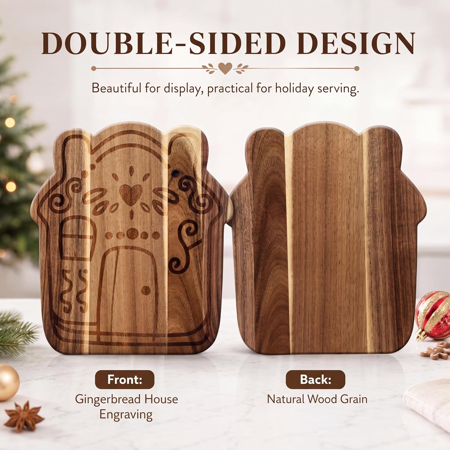 Aldernest Christmas Gingerbread House Cutting Board, Acacia Wood Tray, 12.6"L x 11"W, Dark Brown
