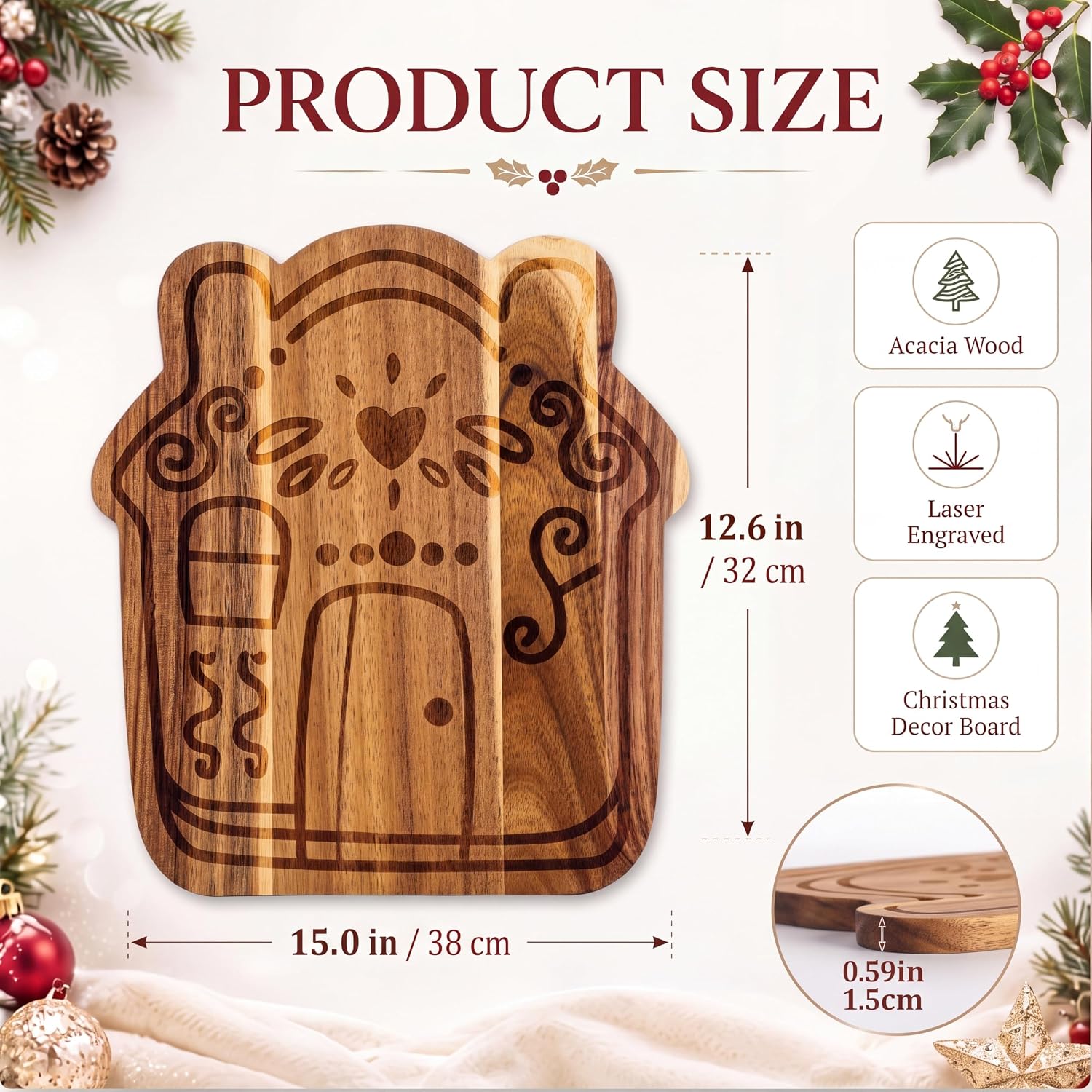 Aldernest Christmas Gingerbread House Cutting Board, Acacia Wood Tray, 12.6"L x 11"W, Dark Brown