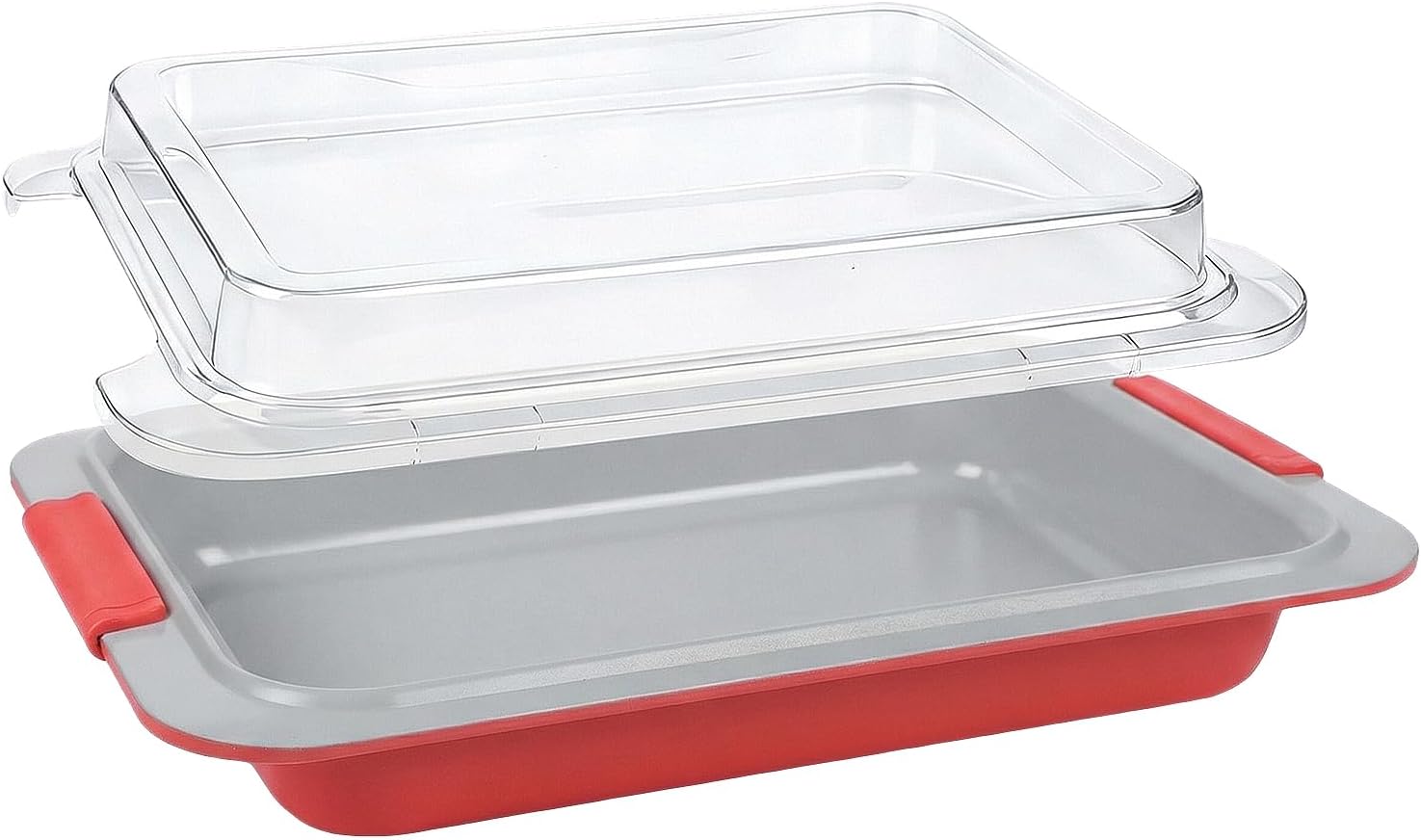 Ashenby 9x13 Baking Pan with Lid, Deep Nonstick Covered Cake Pan, Coral Red, 1.8 pounds