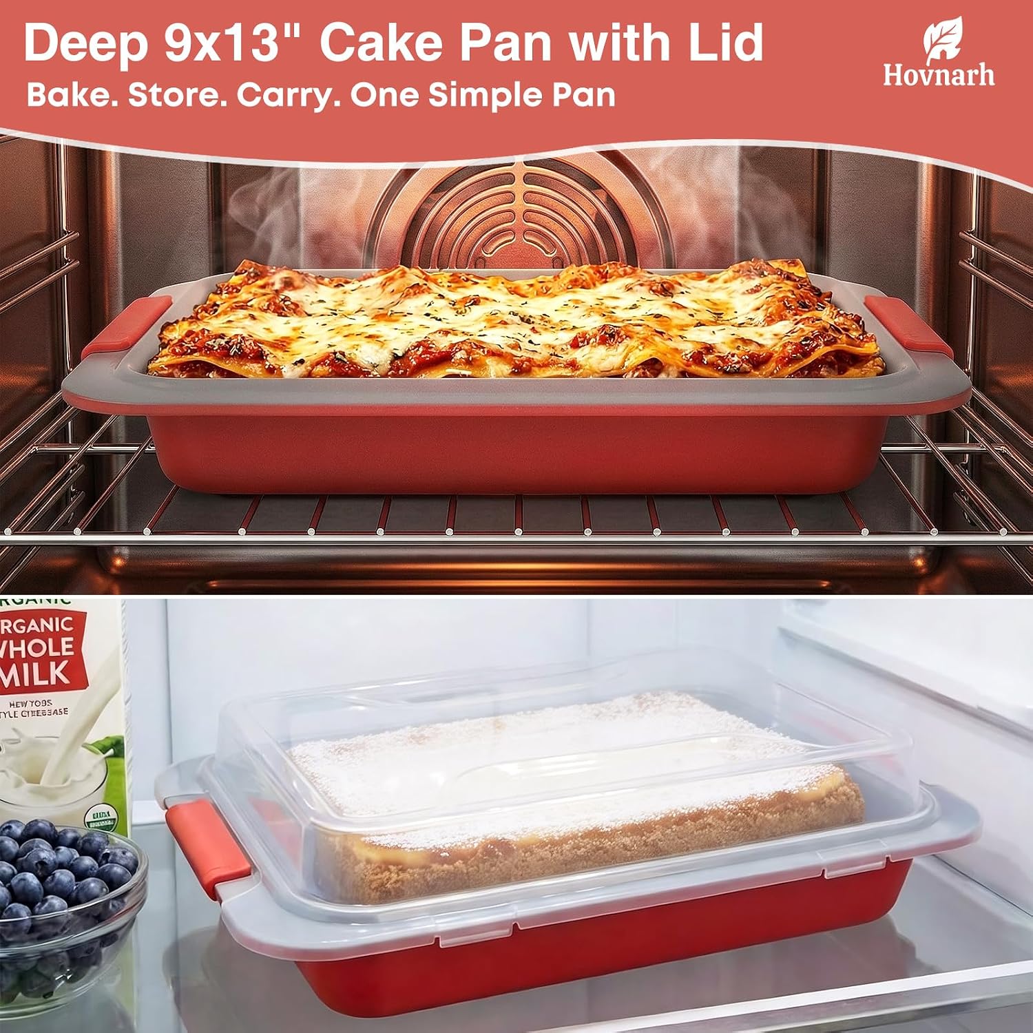 Ashenby 9x13 Baking Pan with Lid, Deep Nonstick Covered Cake Pan, Coral Red, 1.8 pounds