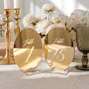 Aldernest 1-15 Oval Wedding Table Number Plates with Transparent Stand, 2.6 pounds, 5 inch x 7 inch, gold