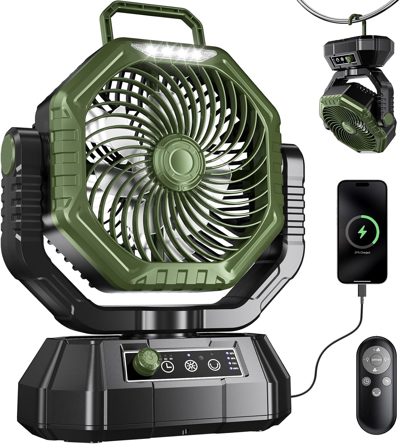 Aldernest Oscillating Camping Fan with Light and Remote, Large, Olive Green