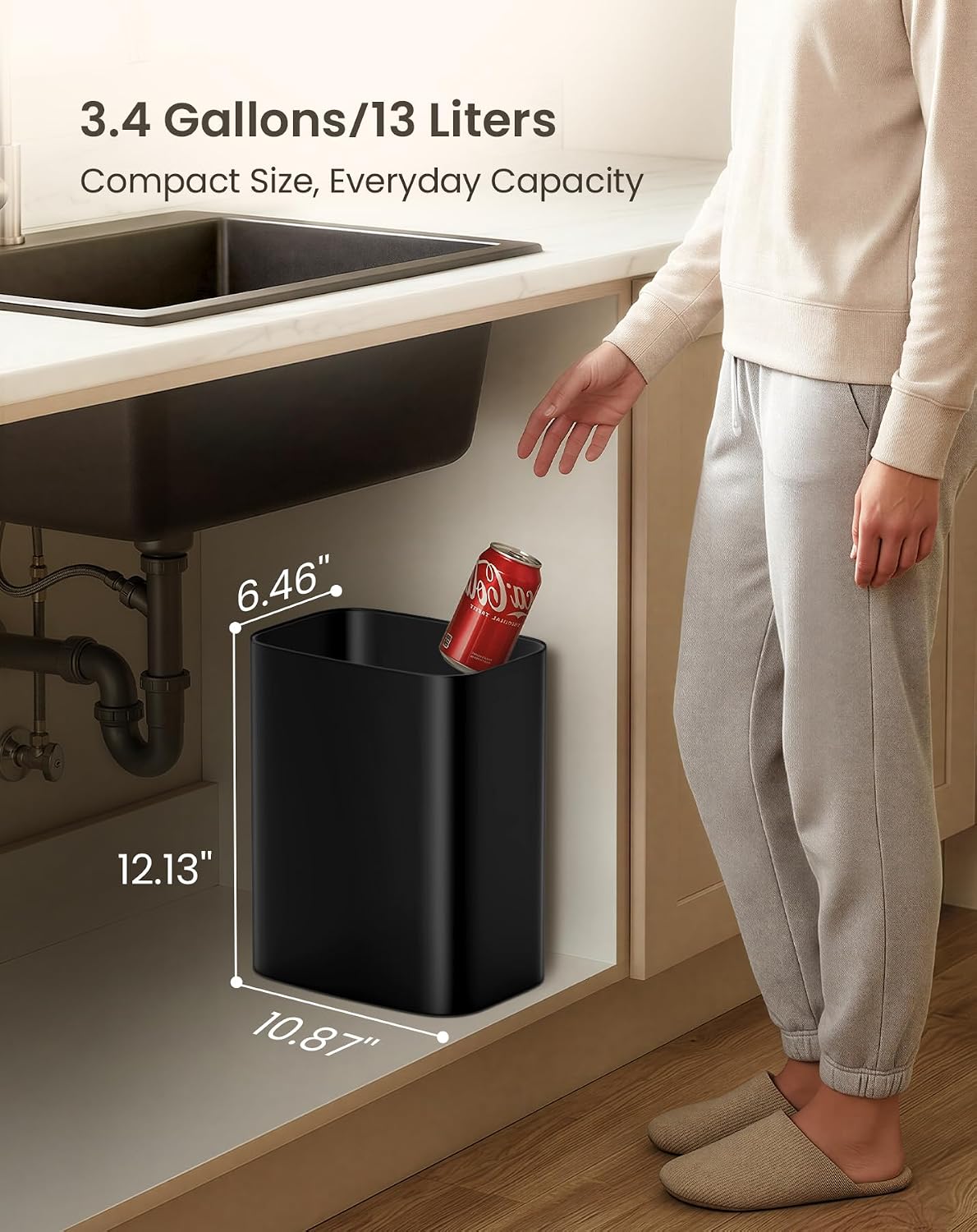 Aldernest 3.4 Gallons Bathroom Trash Can, Small Under Sink Wastebasket, Black, 1.29 kg