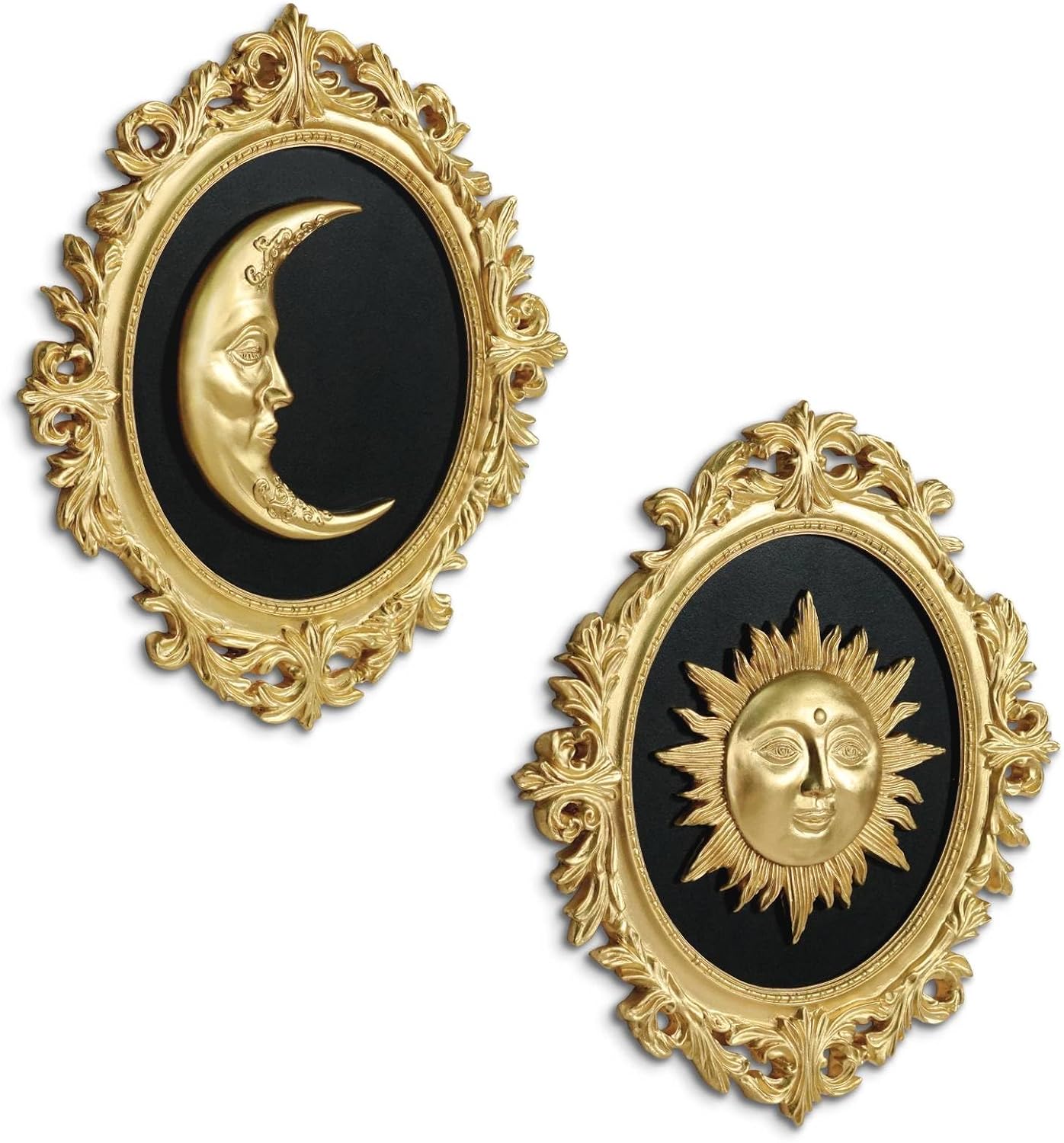 Ashenby Baroque Sun Moon Wall Decor Set, 2-Piece 3D Ovals Gold Resin Relief on Black Backing, 8 ounces, 12.99*12.59