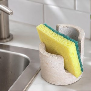 Aldernest Travertine Sponge Holder, High-Low Airflow Stone Sink Caddy, 16 ounces, 3.5" x 3.4", Beige