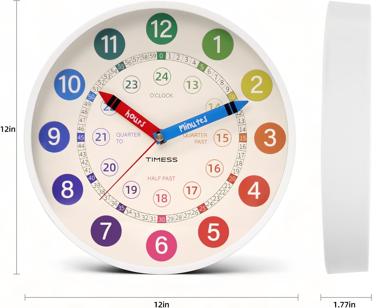 Aldernest 12-Inch Learning to Tell Time Wall Clock, Silent Non-Ticking, White