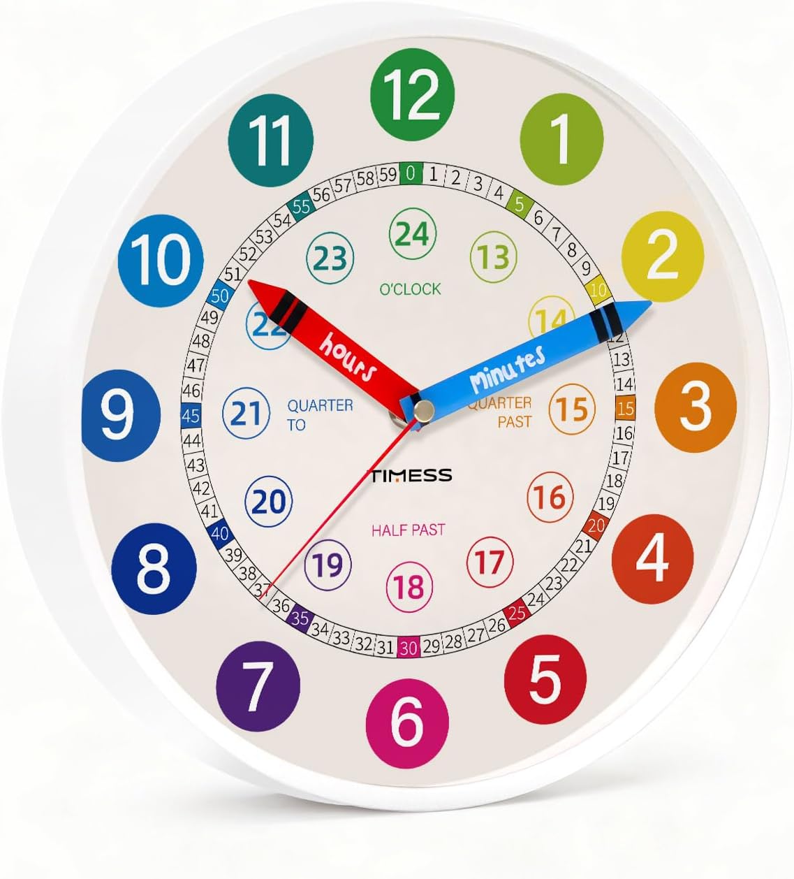 Aldernest 12-Inch Learning to Tell Time Wall Clock, Silent Non-Ticking, White