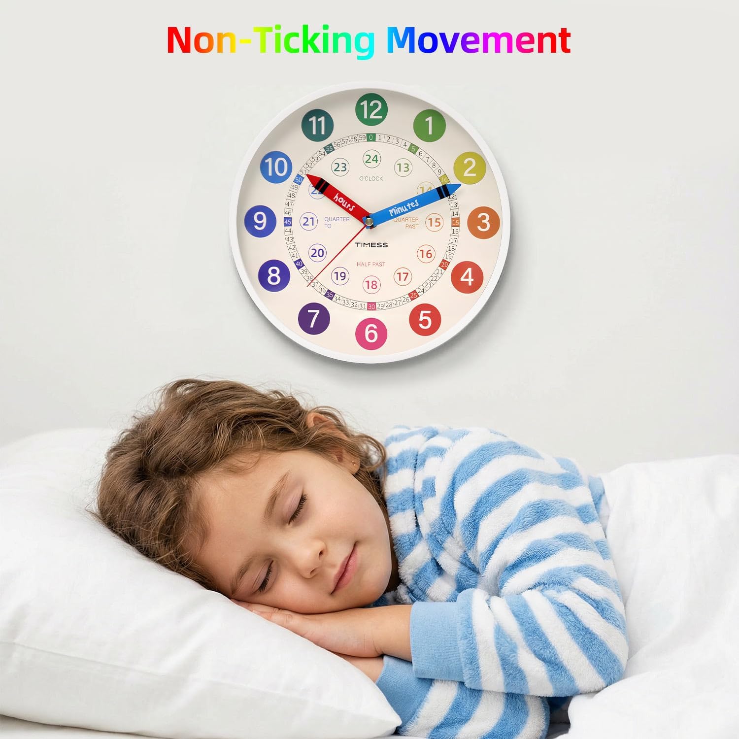 Aldernest 12-Inch Learning to Tell Time Wall Clock, Silent Non-Ticking, White
