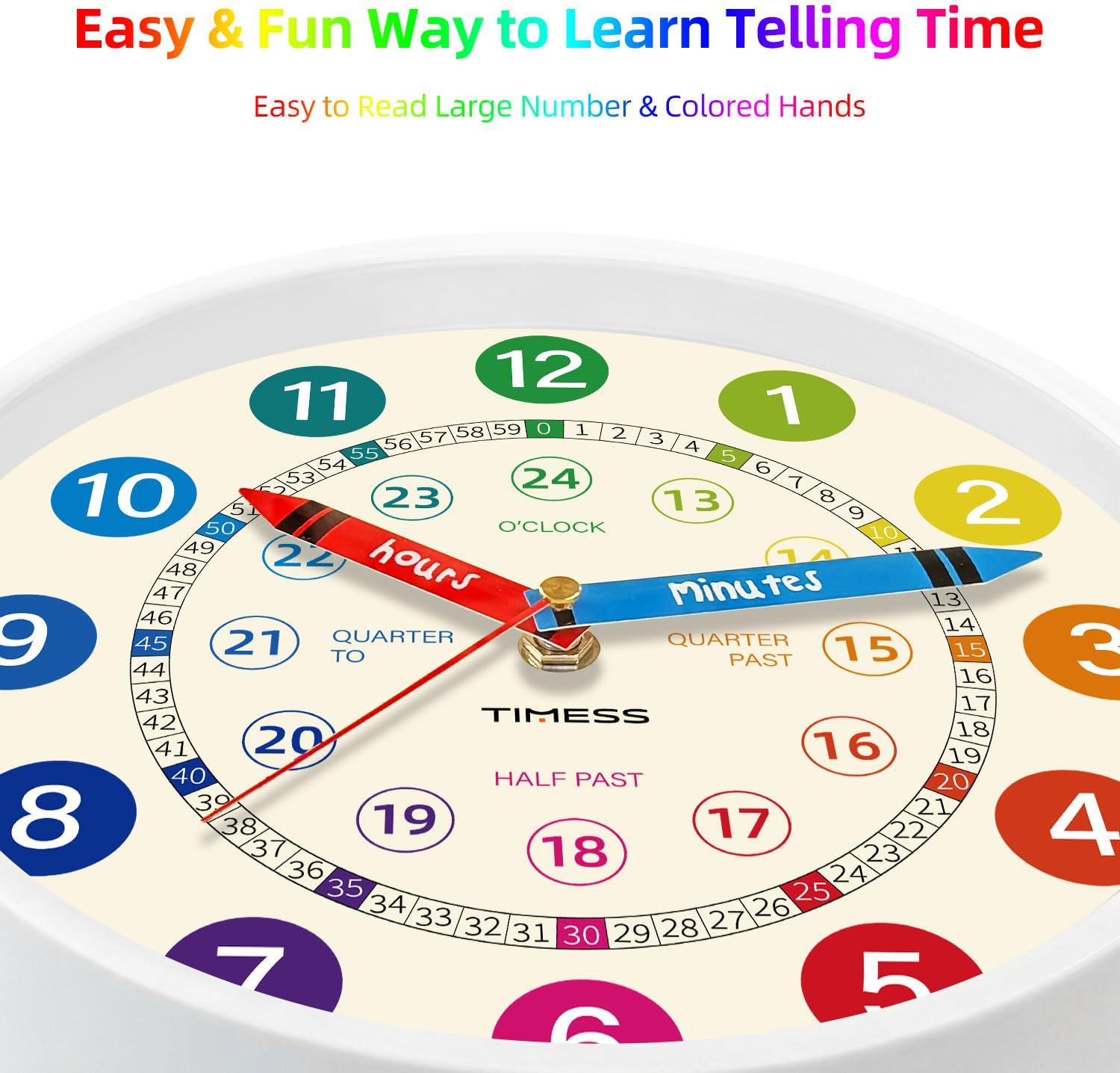 Aldernest 12-Inch Learning to Tell Time Wall Clock, Silent Non-Ticking, White