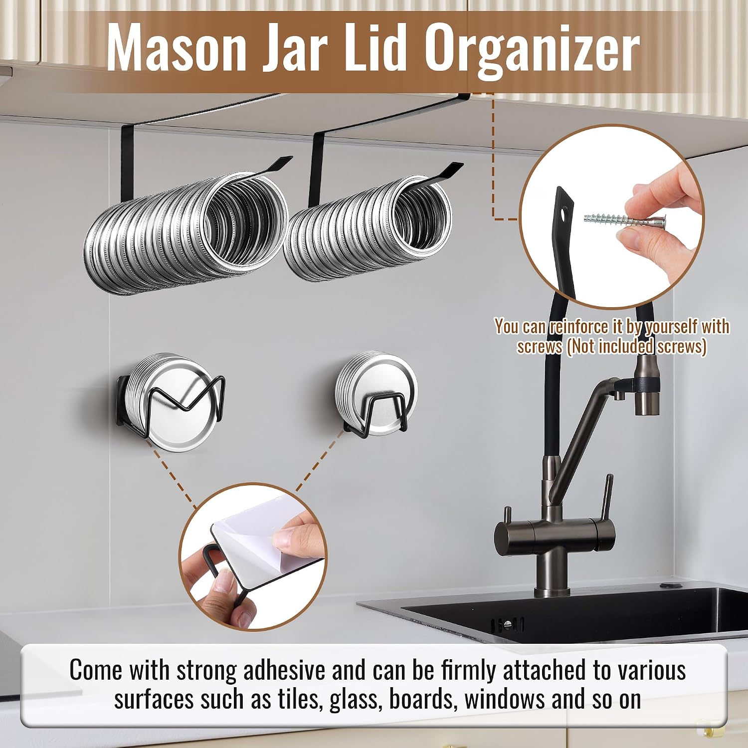 Ashenby 4 Pcs Mason Jar Lid Organizer, Holds 38 Lids & 34 Rings, Black