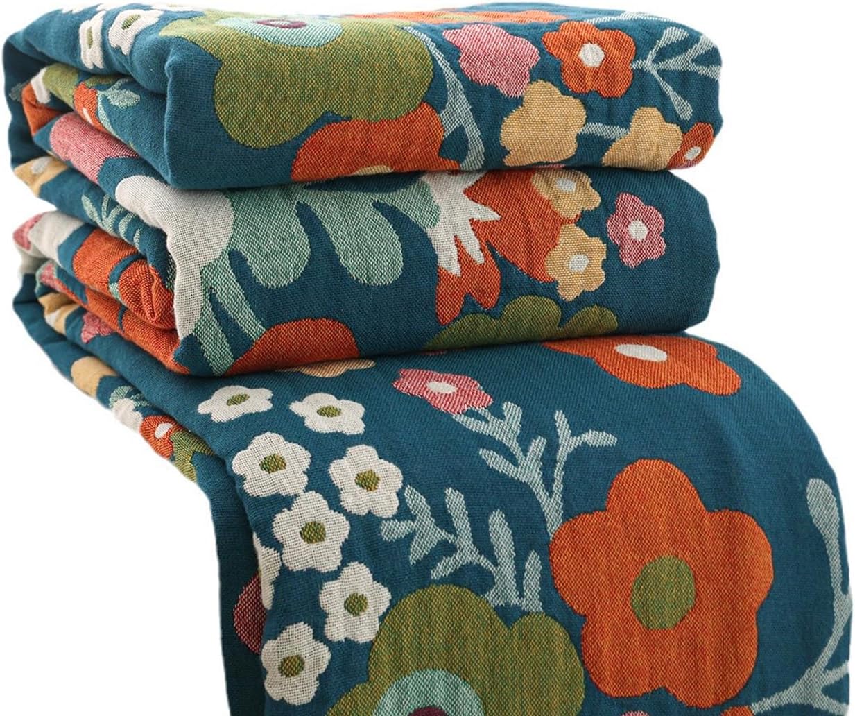 Barleyfield Cotton Muslin Boho Throw Blanket Couch Bed Travel 60x80in, Blue, 2.3 pounds, Blue Flowers