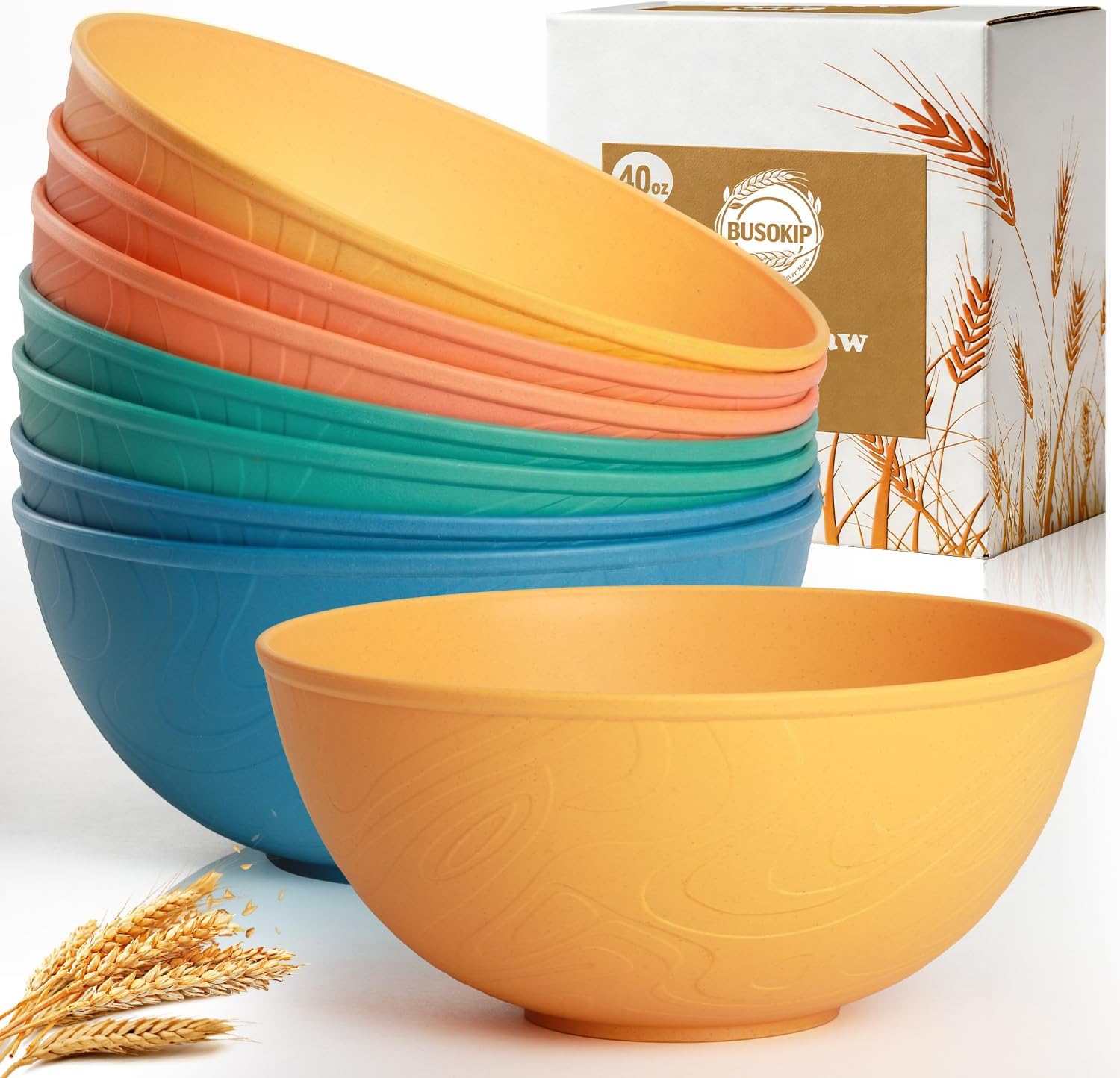 Ashenby 40OZ Wheat Straw Bowls Sets of 8, Plastic Cereal Bowls - Multi
