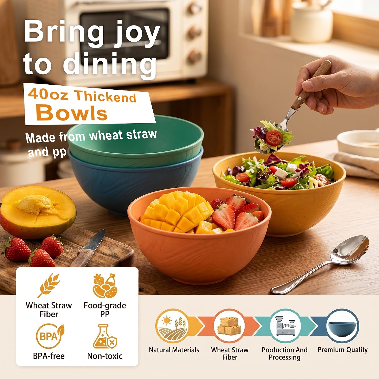 Ashenby 40OZ Wheat Straw Bowls Sets of 8, Plastic Cereal Bowls - Multi