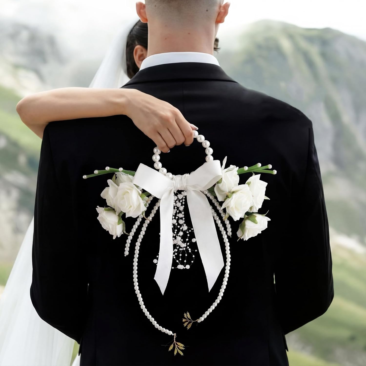 Aldernest White Rose Wedding Bouquet for Bride with Pearl Handle