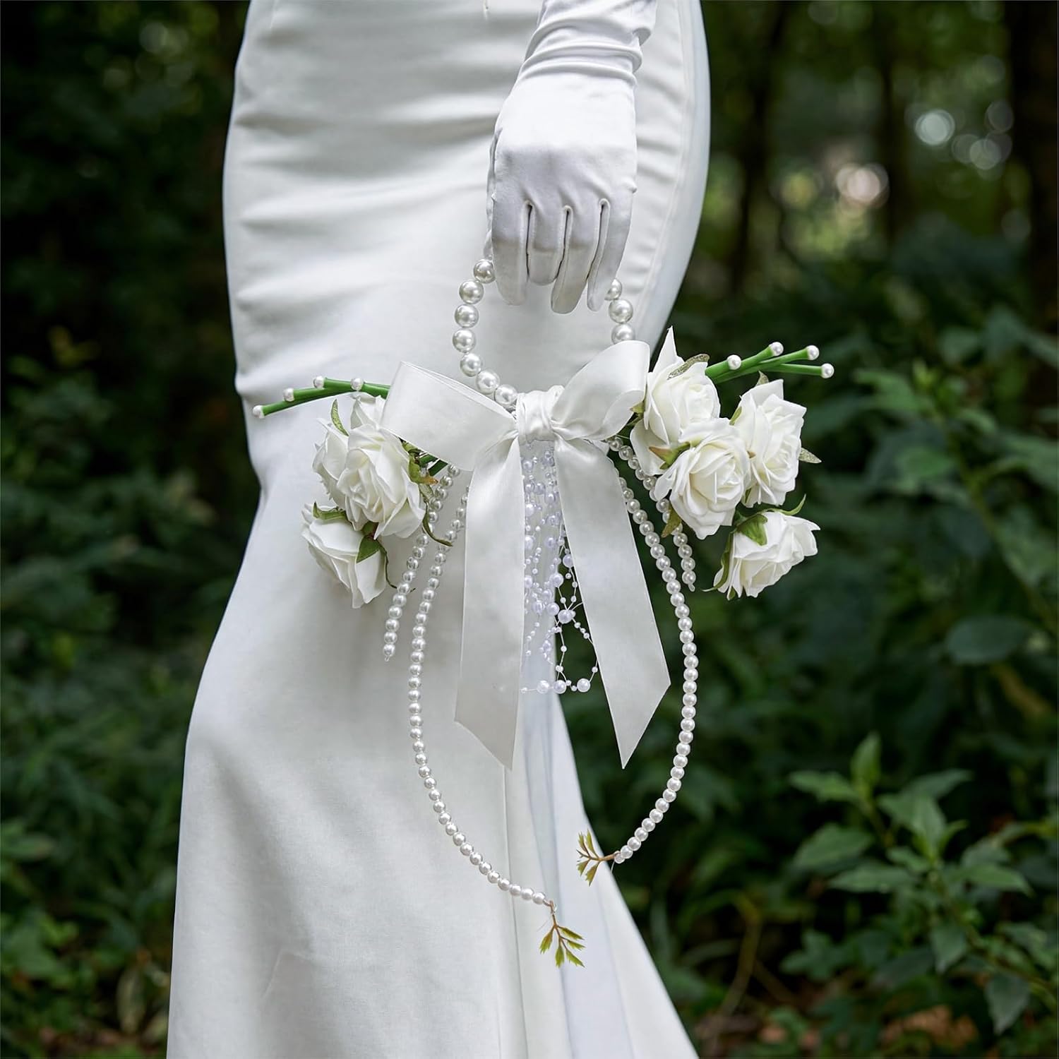 Aldernest White Rose Wedding Bouquet for Bride with Pearl Handle
