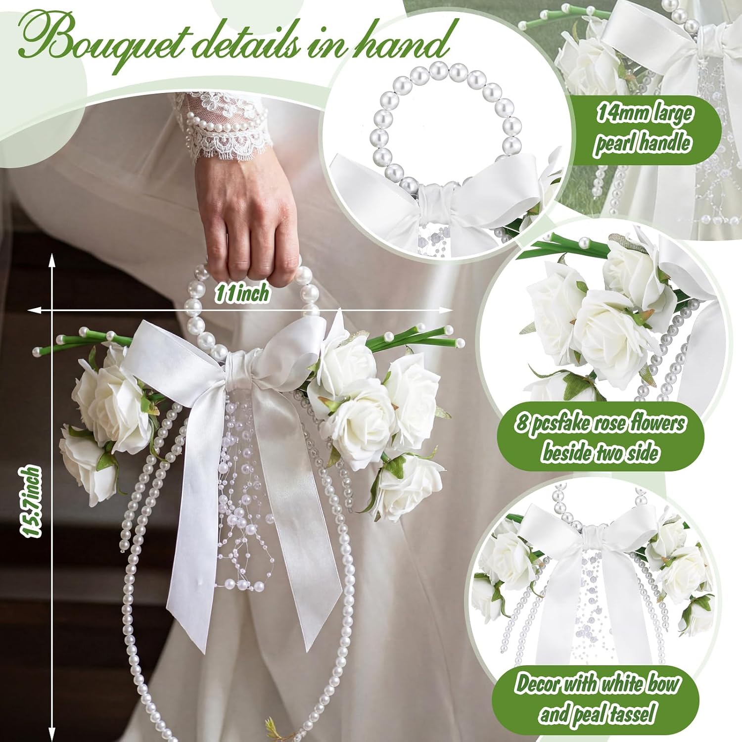 Aldernest White Rose Wedding Bouquet for Bride with Pearl Handle