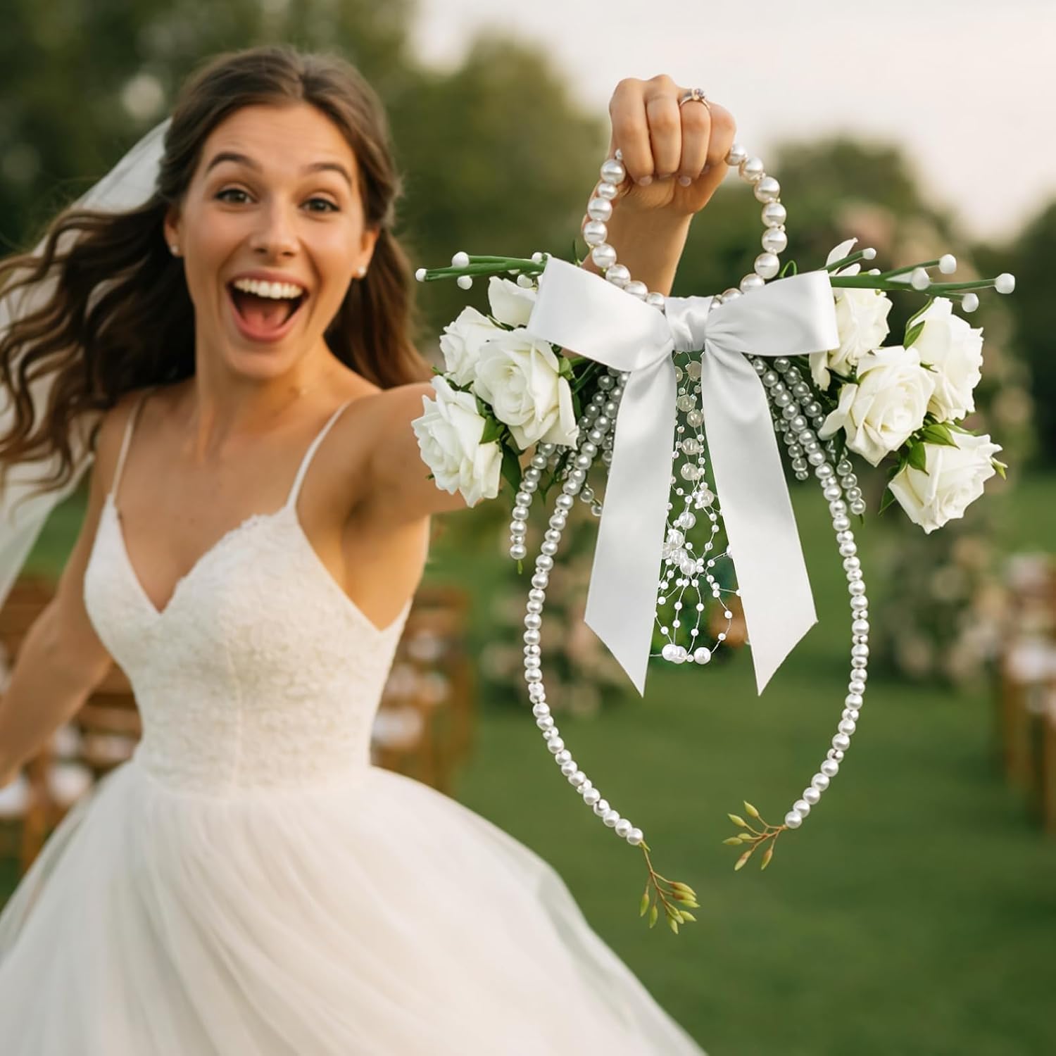Aldernest White Rose Wedding Bouquet for Bride with Pearl Handle