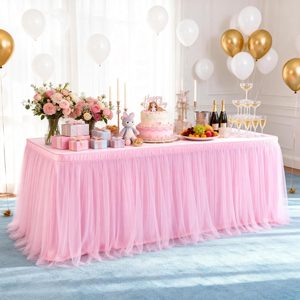 Barleyfield Tulle Table Skirt 6FT 180CM Long for Rectangle Tables Round Tables Ruffle Desk Skirt for Princess Girls Birthday Party Cake Dessert