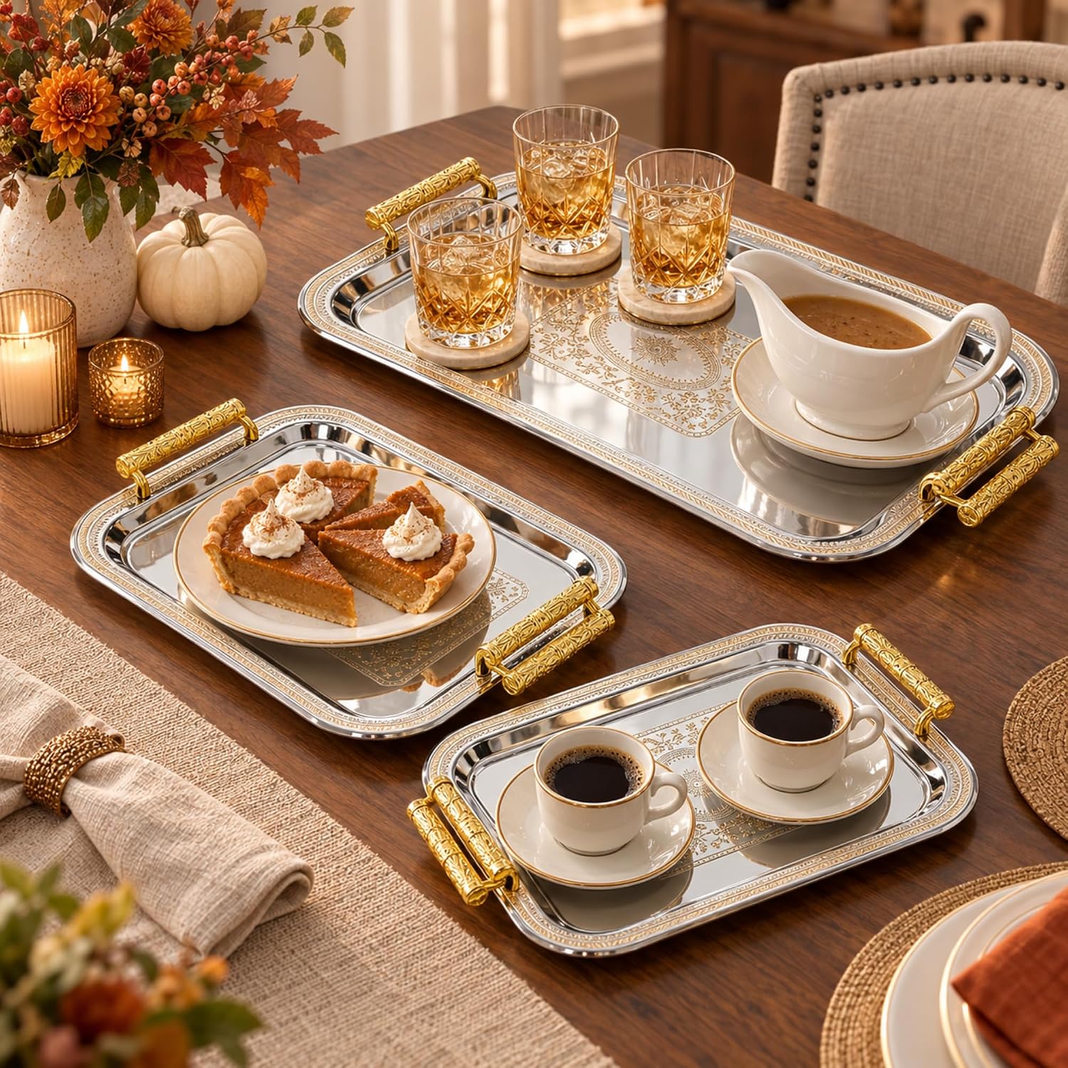 Ashenby 3 Pack Metal Serving Trays, Rectangle, Silver, Gold