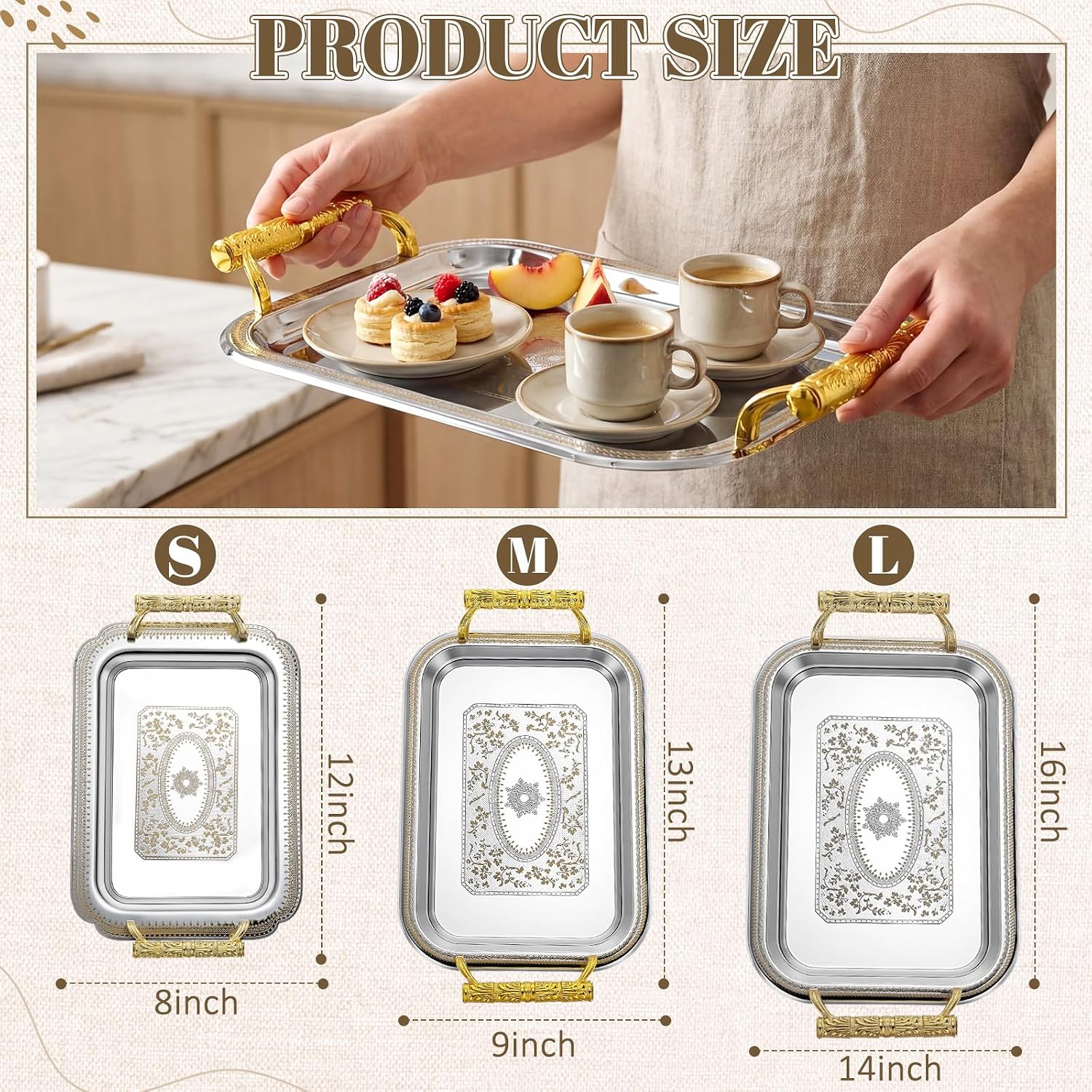 Ashenby 3 Pack Metal Serving Trays, Rectangle, Silver, Gold