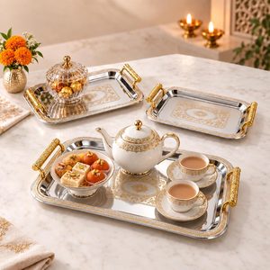 Ashenby 3 Pack Metal Serving Trays, Rectangle, Silver, Gold