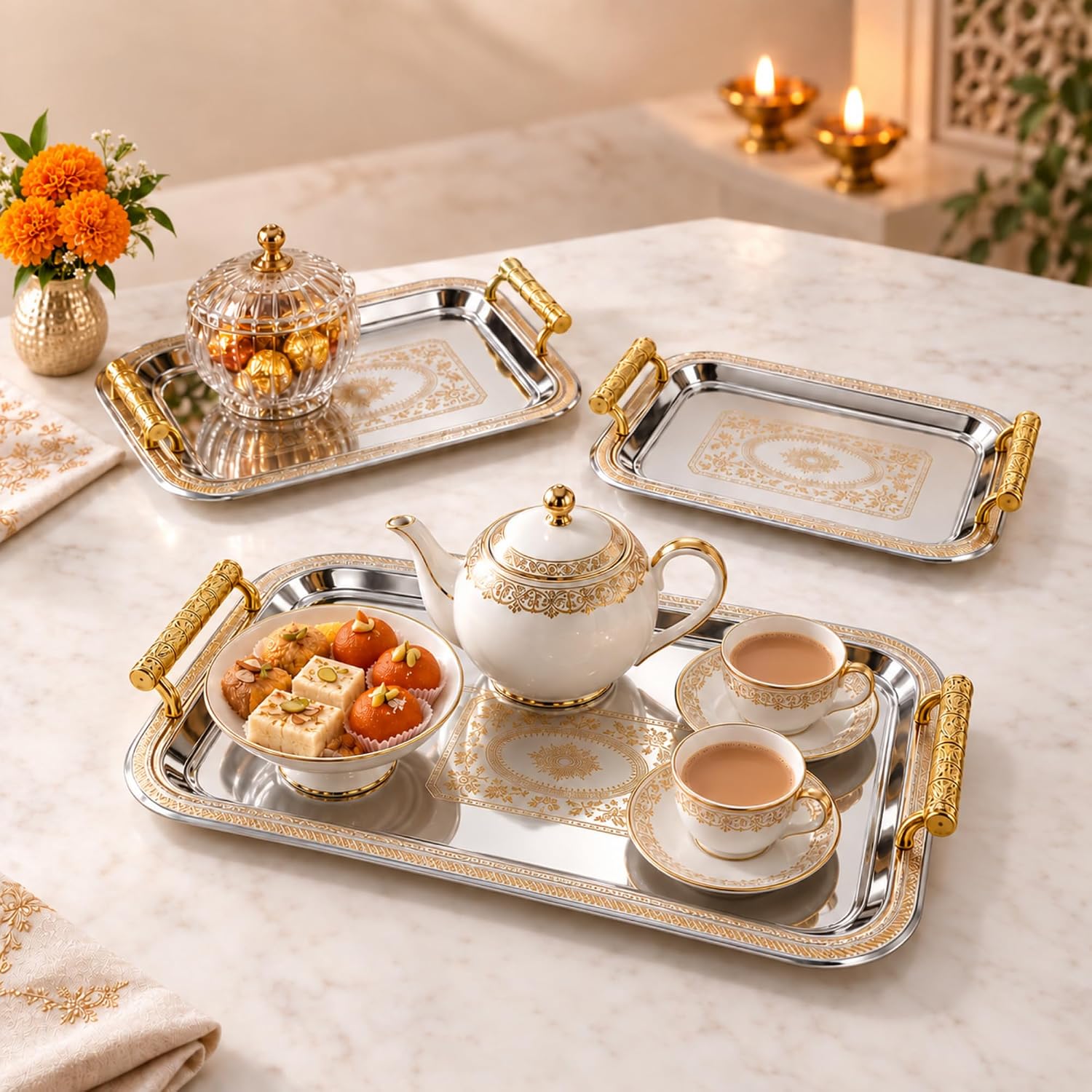 Ashenby 3 Pack Metal Serving Trays, Rectangle, Silver, Gold