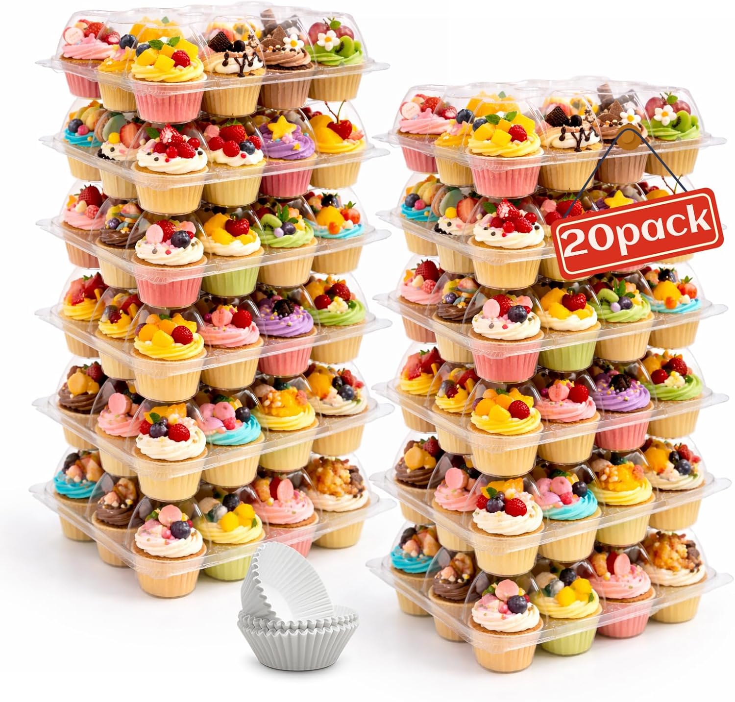 Aldernest Plastic Cupcake Containers with Liners, 12 Count x 20 Sets, Medium to Large, transparent
