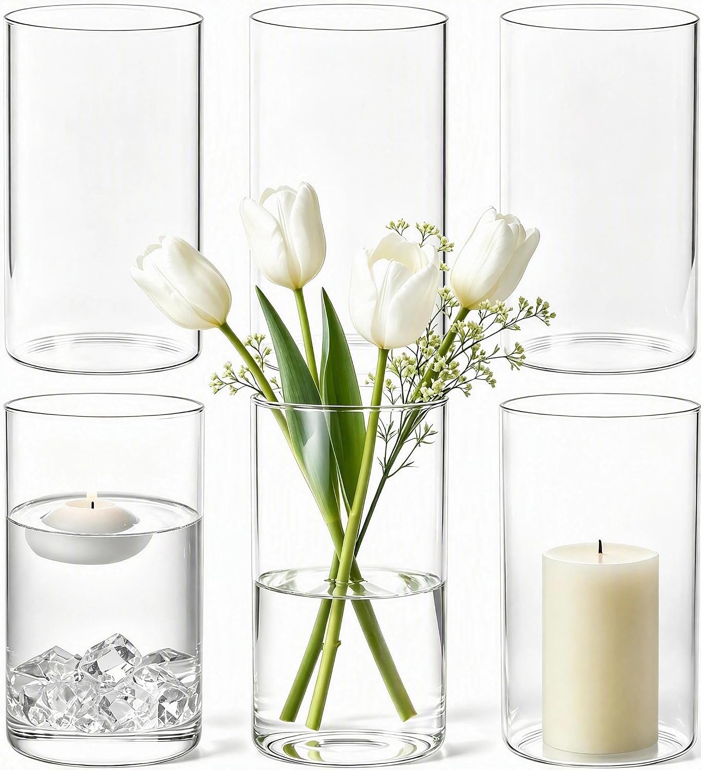 Aldernest Clear Glass Cylinder Vases for Flowers, 6 Count