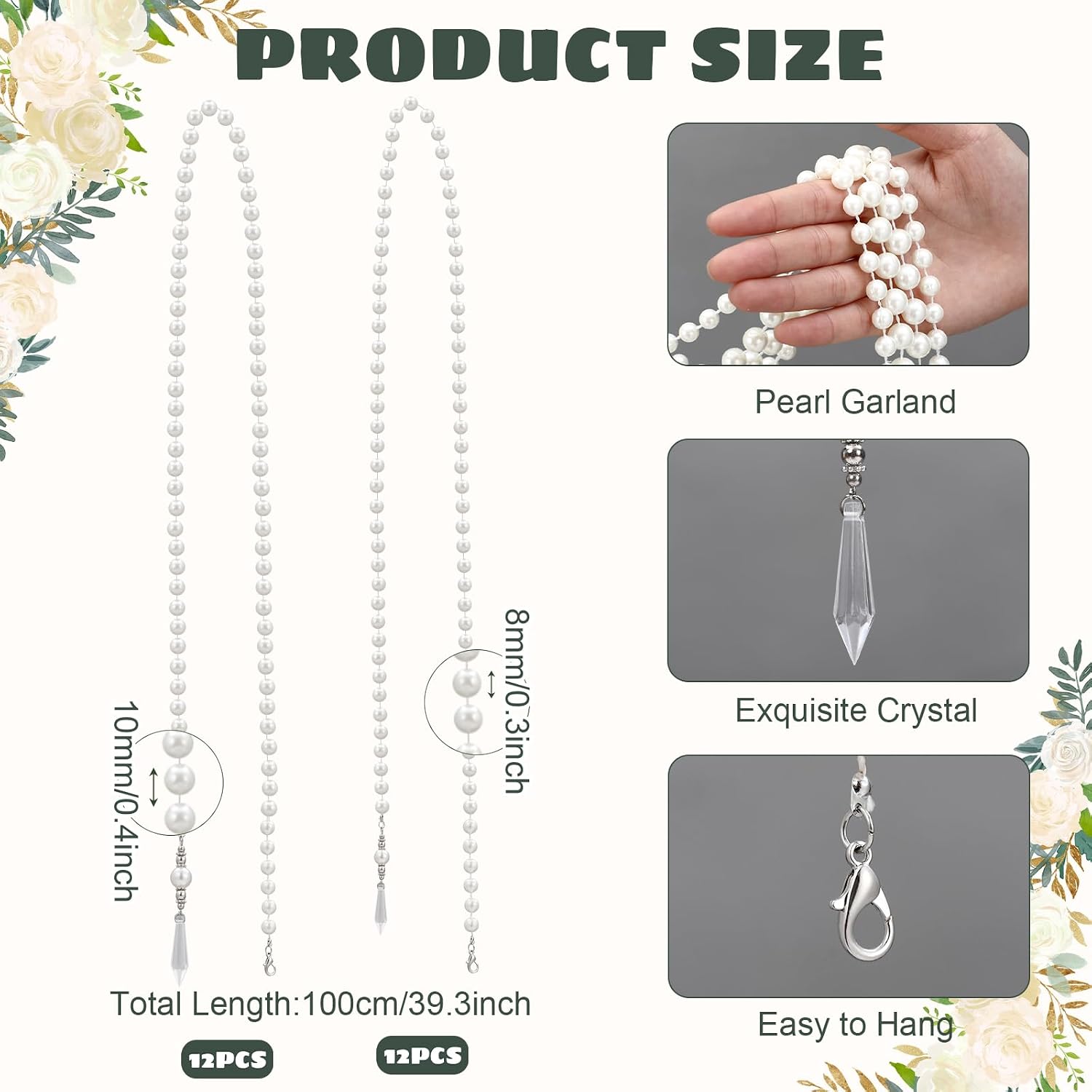 Ashenby 24 Pcs 78 ft Pearl Backdrop Garland, Faux Pearl Hanging String, White