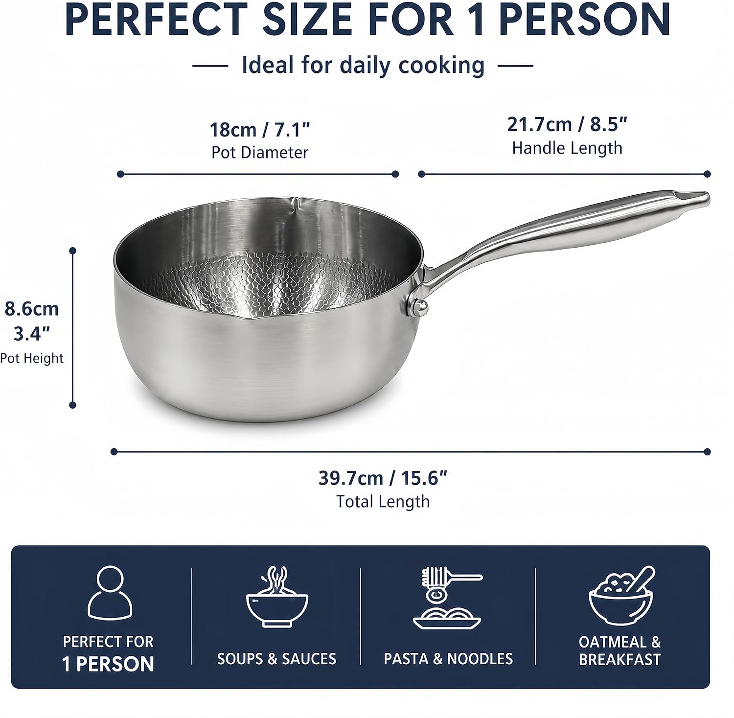 Ashenby Titanium Saucepan with Lid, No Coating Non-Stick Titanium Pot, 1.38 kg, 1.5 Quarts, Silver