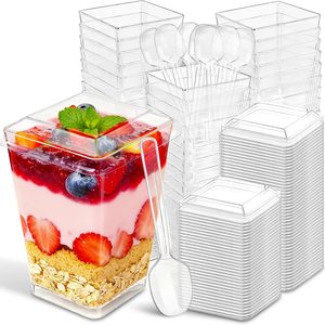 Ashenby 100 Pack 5 oz Dessert Cups with Lids and Spoons, 300 Pieces, Clear