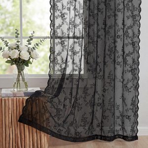 VelloHome 2Pcs Black Lace Curtains for Window 55x84in, Floral, Halloween
