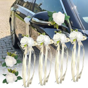 Ashenby 6 PCS White Rose & Peony Wedding Car Decoration Kit – Floral Bouquet Car Door Handle & Mirror Flowers with Satin Ribbon Bows