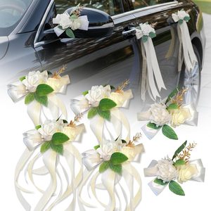 Ashenby 6 Pcs Ivory & White Rose Wedding Car Decoration Kit – Bouquet Door Handle & Rearview Mirror Flowers with Satin Ribbon Bows, Gold Leaf