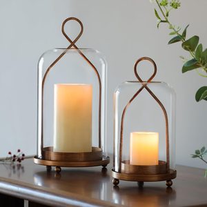 Rowanmere Hurricane Glass Candle Holders, Modern Farmhouse Coffee Table Decorations, Antique Brass, 2 Count