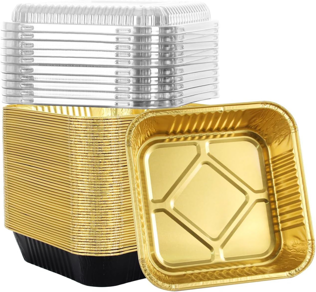 Barleyfield 50 Pack 8"x8" Aluminum Pans with Plastic Lids, Blackgold