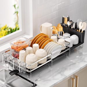 Barleyfield Stainless Steel Dish Drying Rack, Expandable Dish Drainer, 1 Tier, Silver