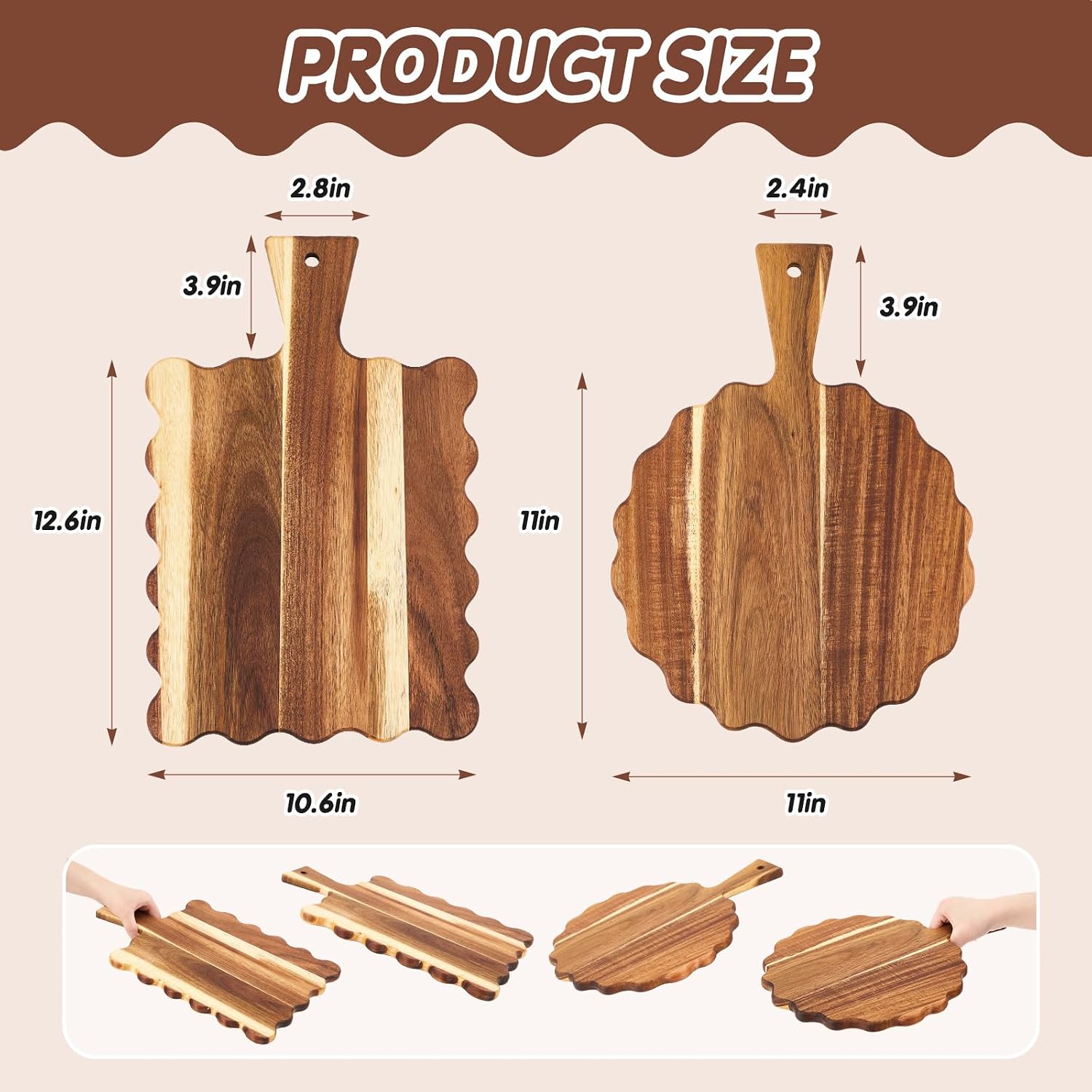 Aldernest 2 Pcs Acacia Wood Scalloped Wood Cutting Board with Handle for Kitchen, 1.62 kg, Wood Color