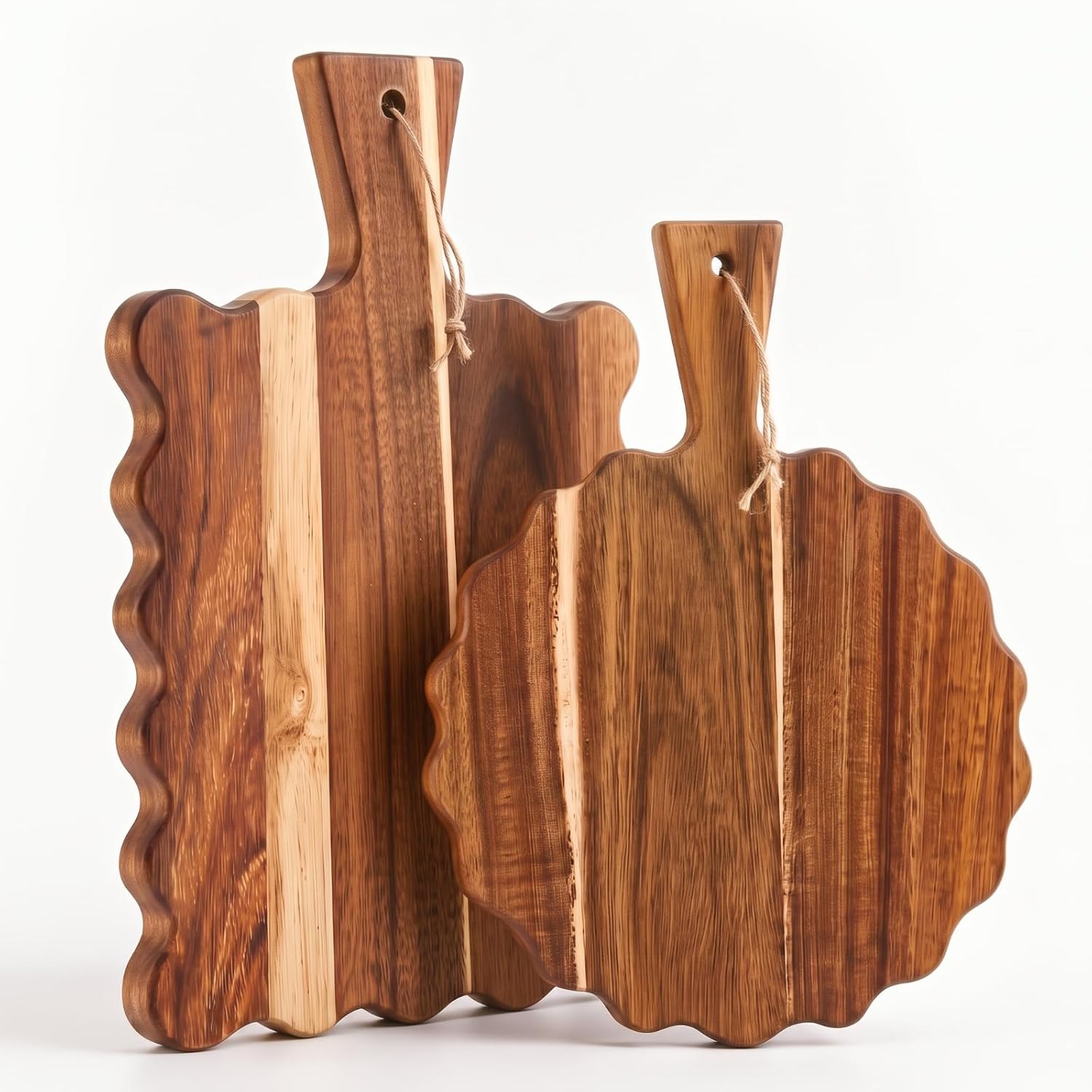 Aldernest 2 Pcs Acacia Wood Scalloped Wood Cutting Board with Handle for Kitchen, 1.62 kg, Wood Color