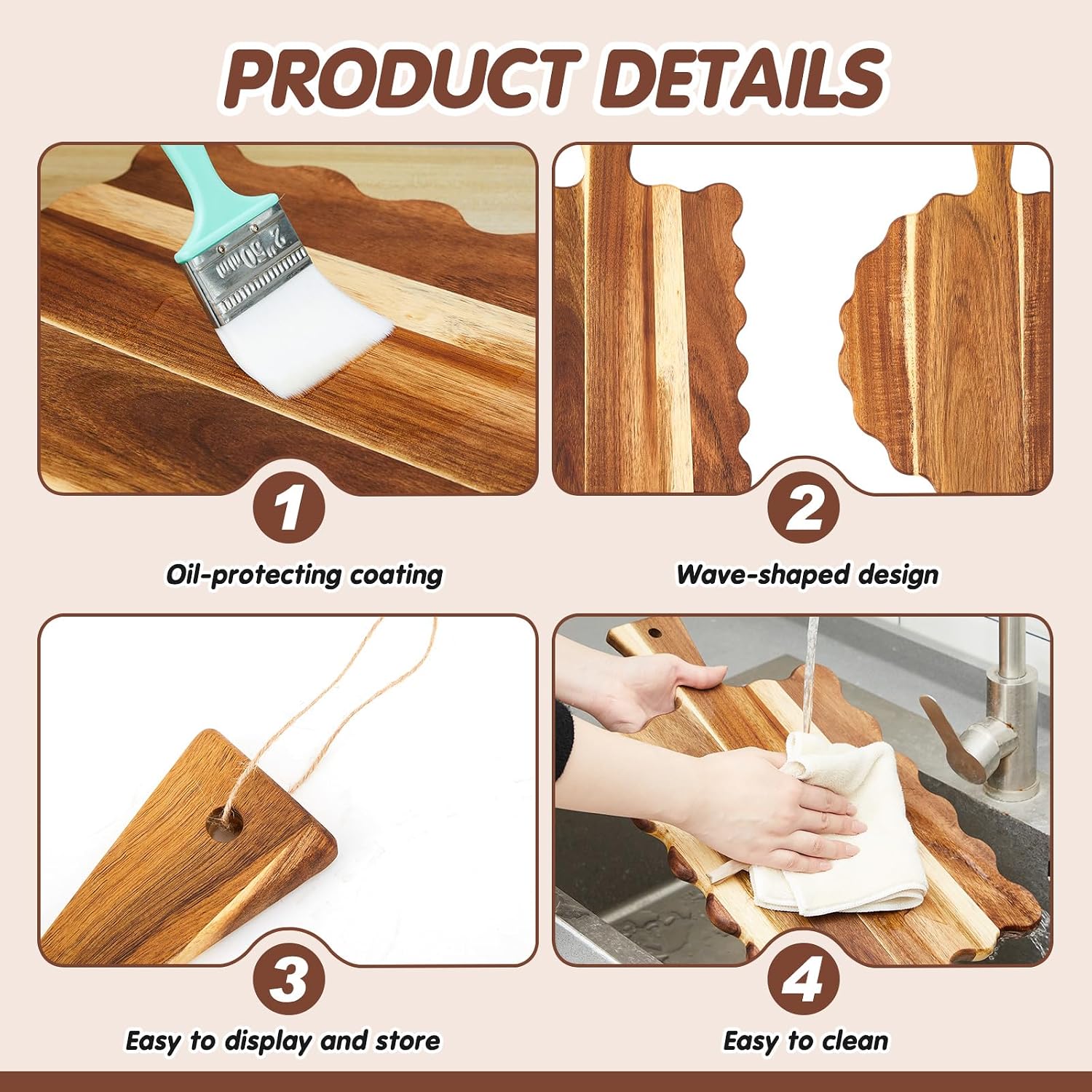 Aldernest 2 Pcs Acacia Wood Scalloped Wood Cutting Board with Handle for Kitchen, 1.62 kg, Wood Color