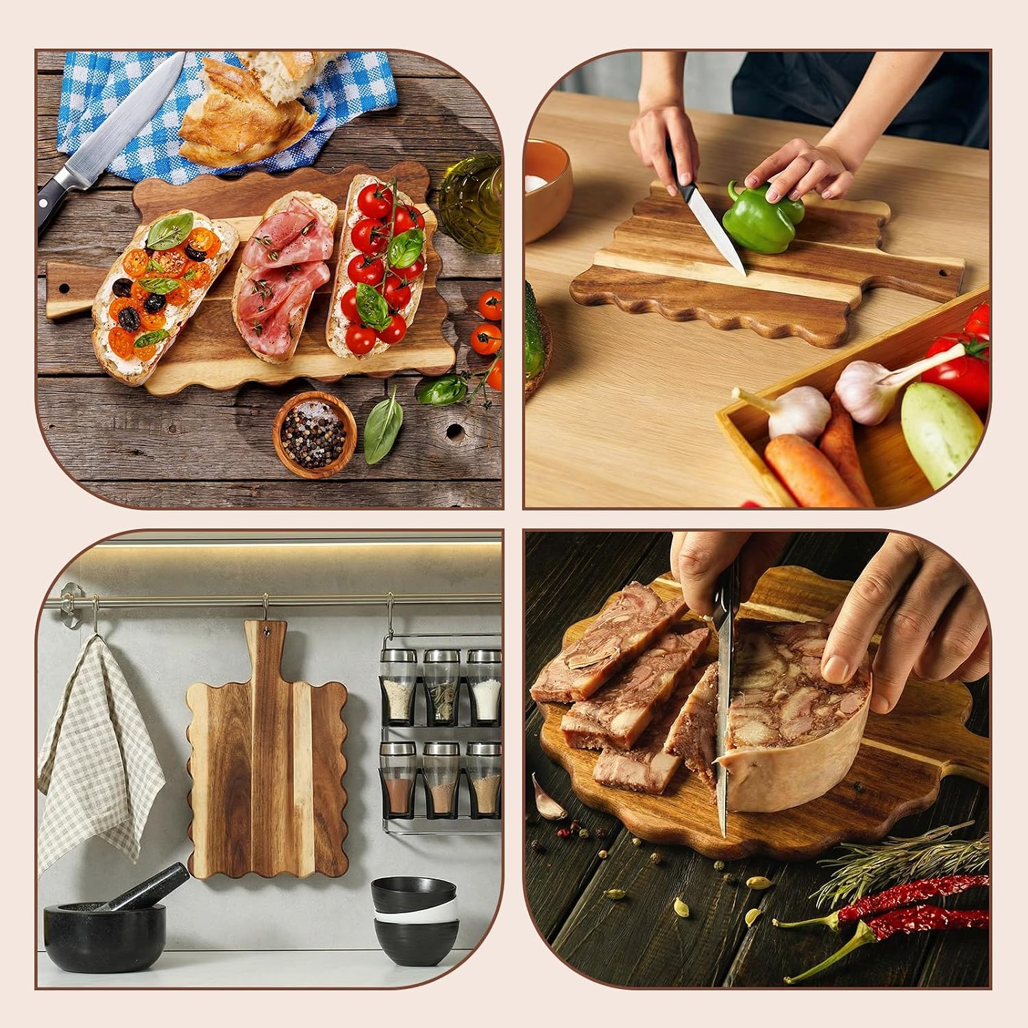 Aldernest 2 Pcs Acacia Wood Scalloped Wood Cutting Board with Handle for Kitchen, 1.62 kg, Wood Color