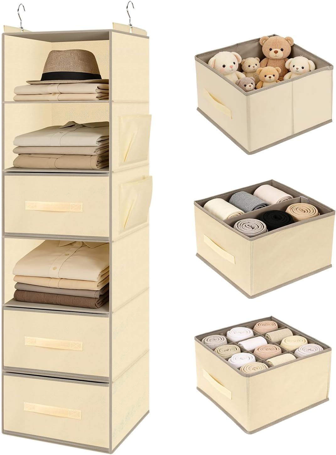 Ashenby Hanging Closet Organizer 6-Shelf with 3 Drawers & Side Pockets, 12 inches (W) x 12 inches (L) x 50.8 inches (H), Beige