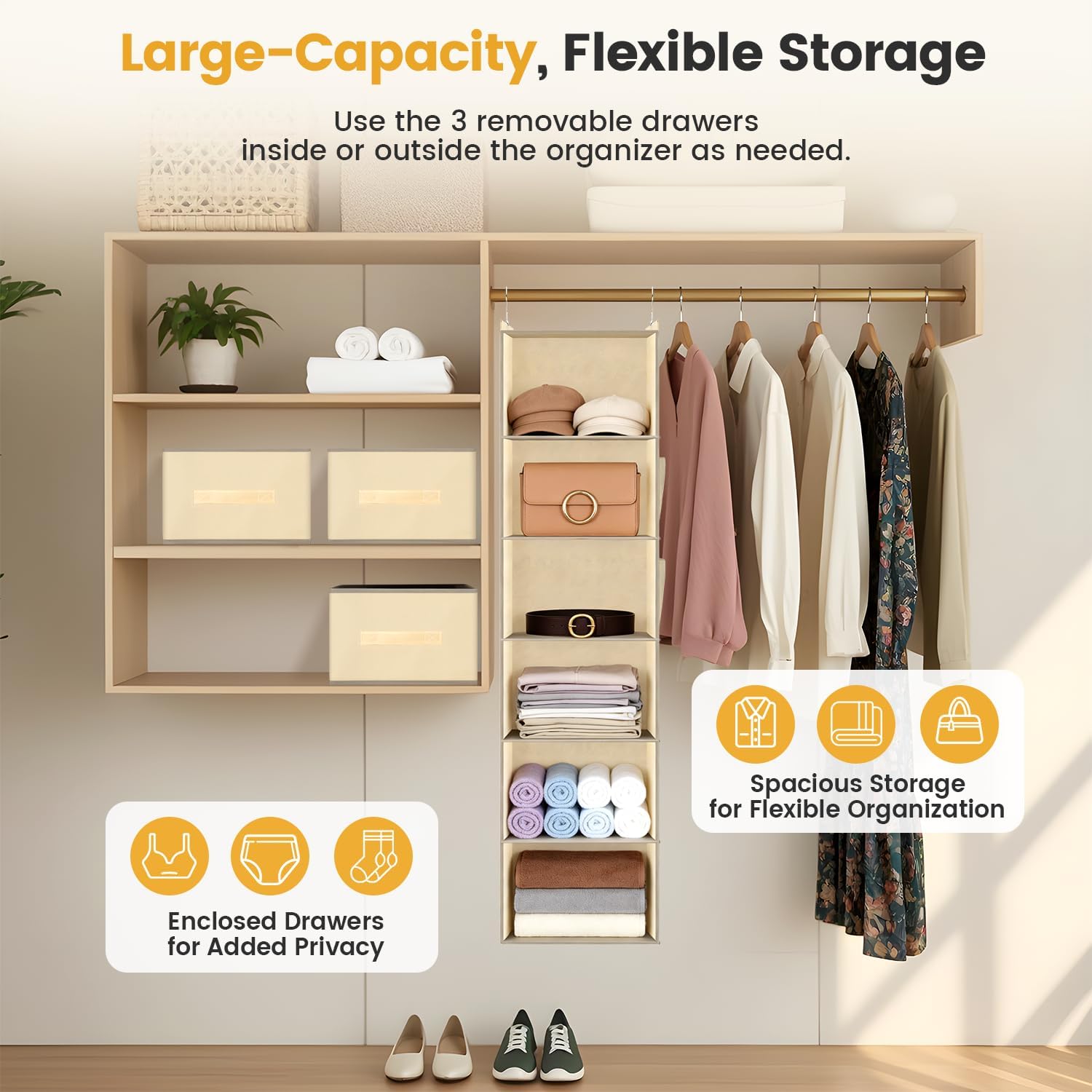 Ashenby Hanging Closet Organizer 6-Shelf with 3 Drawers & Side Pockets, 12 inches (W) x 12 inches (L) x 50.8 inches (H), Beige