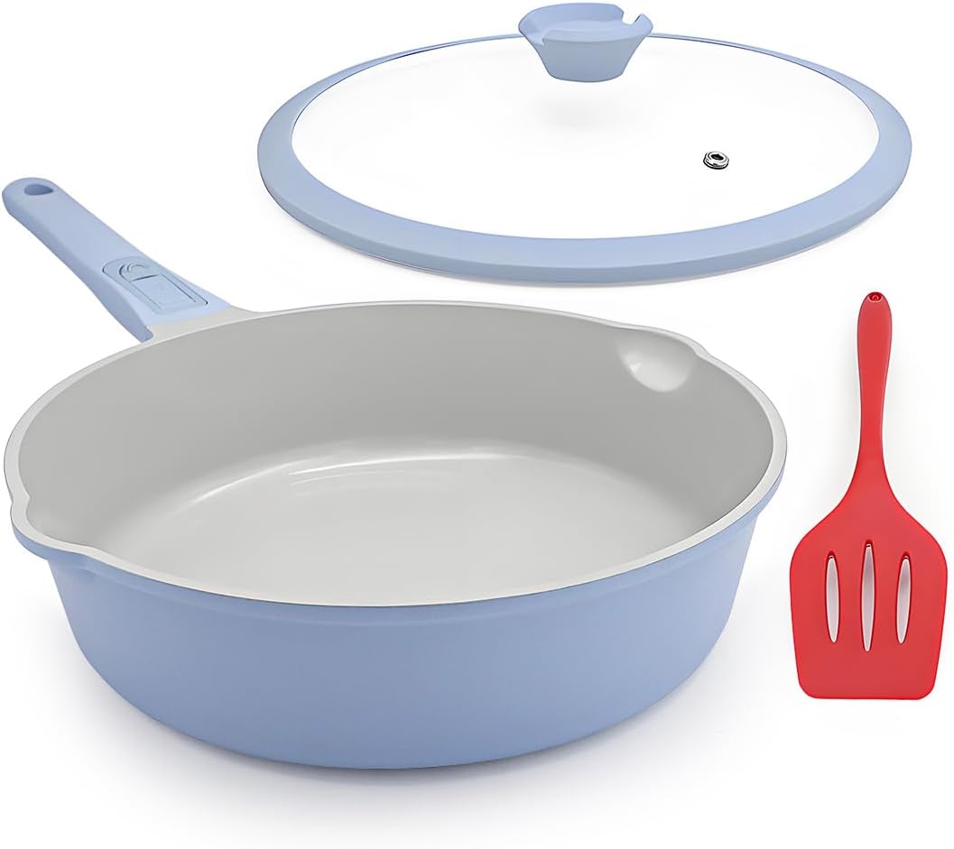 Ashenby 12 Inch Ceramic Deep Frying Pan with Lid, Large Skillet Nonstick, Blue, 50