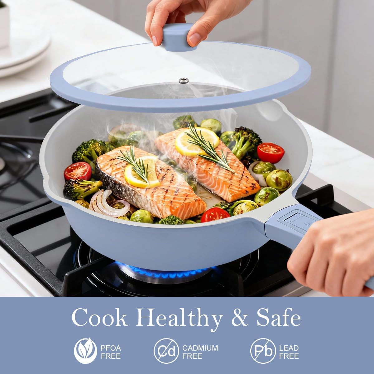 Ashenby 12 Inch Ceramic Deep Frying Pan with Lid, Large Skillet Nonstick, Blue, 50